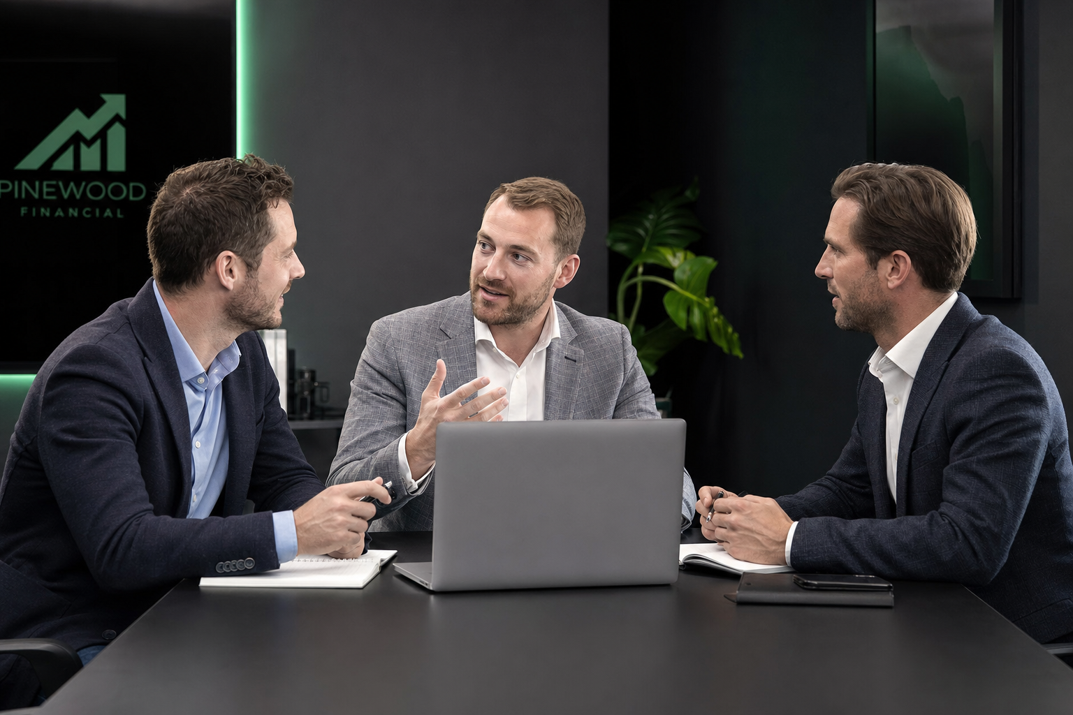 Horizone One team in discussion around a laptop