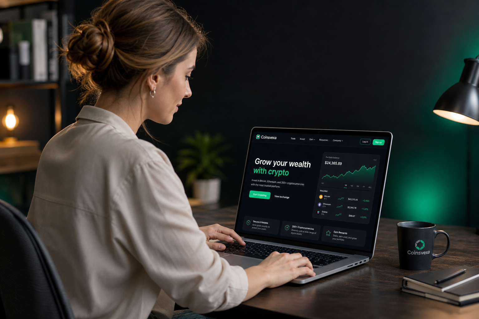 White woman reviewing her Horizone One portfolio on a laptop